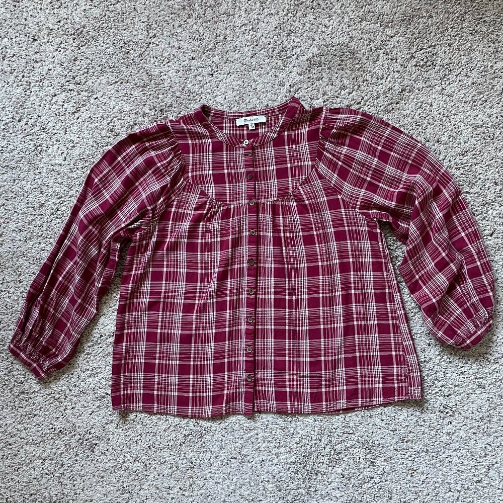 - Madewell - Maroon Plaid Long Balloon Sleeve Button-Up Peasant Blouse